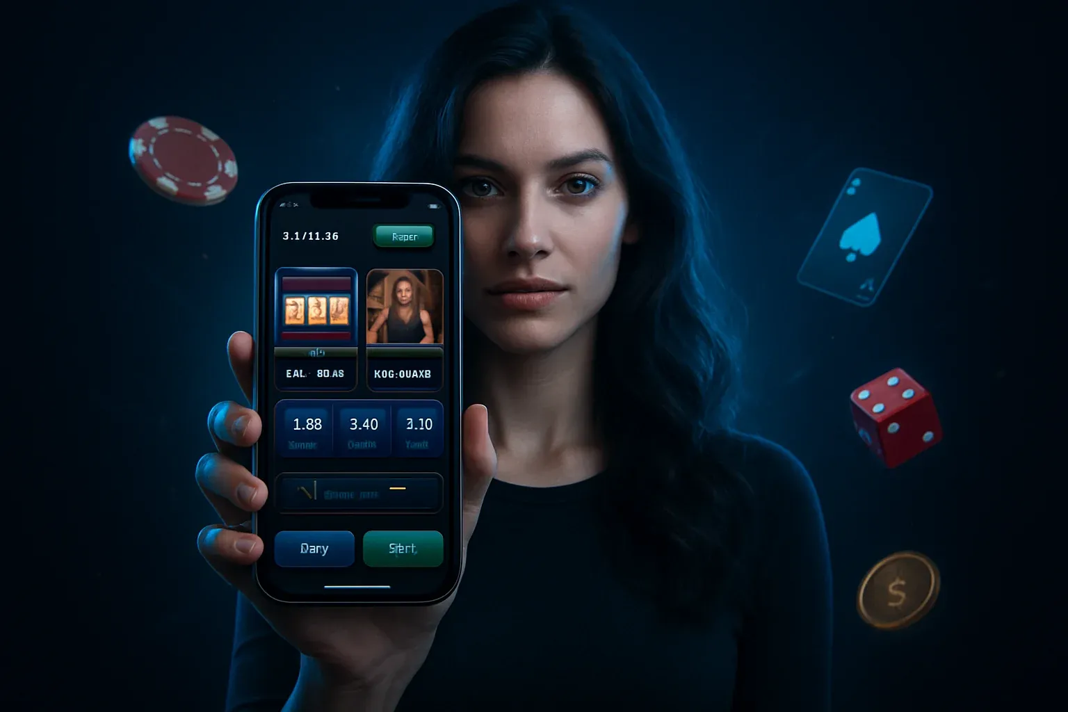 Ultra-realistic smartphone displaying casino and sports betting app interface with premium gold banner and neon lighting