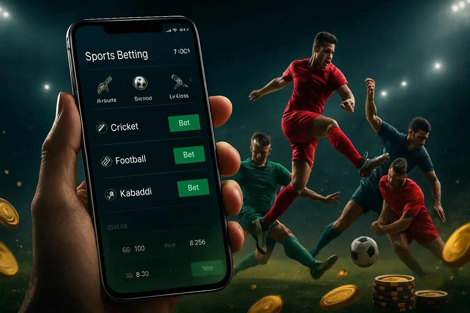 Mobile sports betting interface with live odds and cricket match visualization