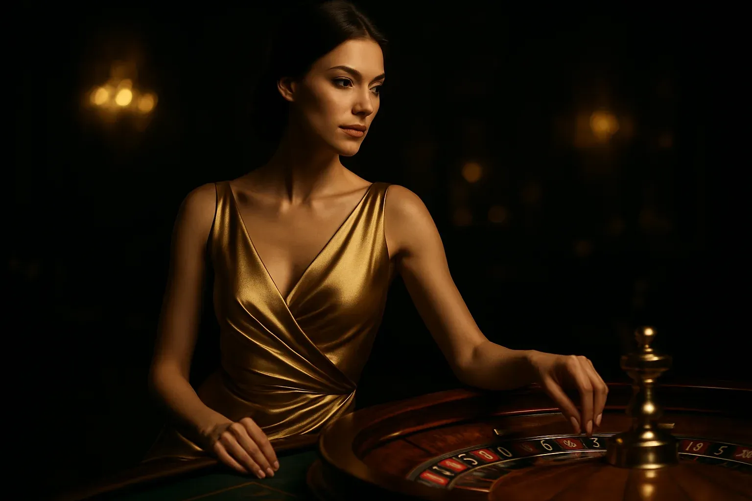 Elegant woman in gold dress playing roulette in luxury casino