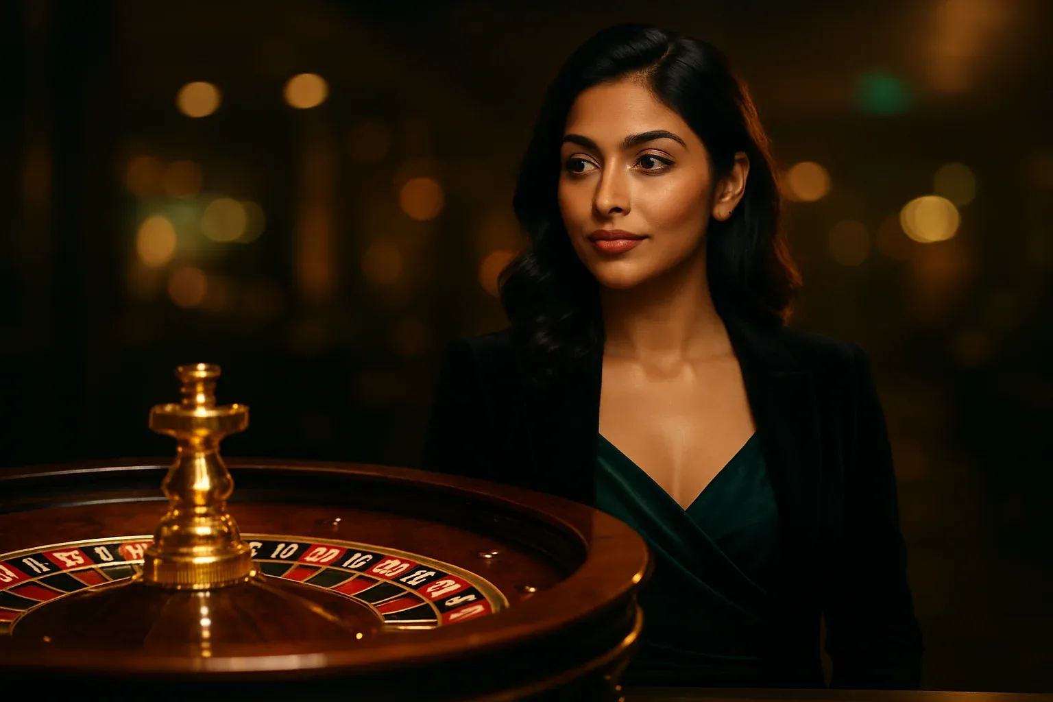 Hyper-realistic image of elegant Bangladeshi woman near roulette wheel in luxury casino setting with cinematic lighting