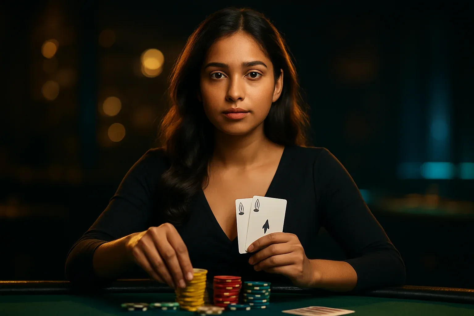 Elegant woman playing poker in luxury casino with gold banner