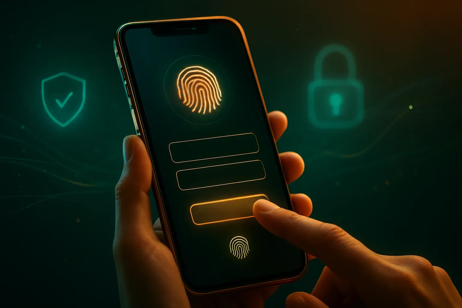 Ultra-realistic smartphone displaying secure login interface with biometric icon and glowing security symbols